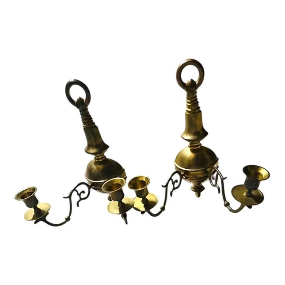 Pair of Vintage Gilt MetalBrass Double Handle Sconces Wall Mount Made in India - Picture 13 of 16
